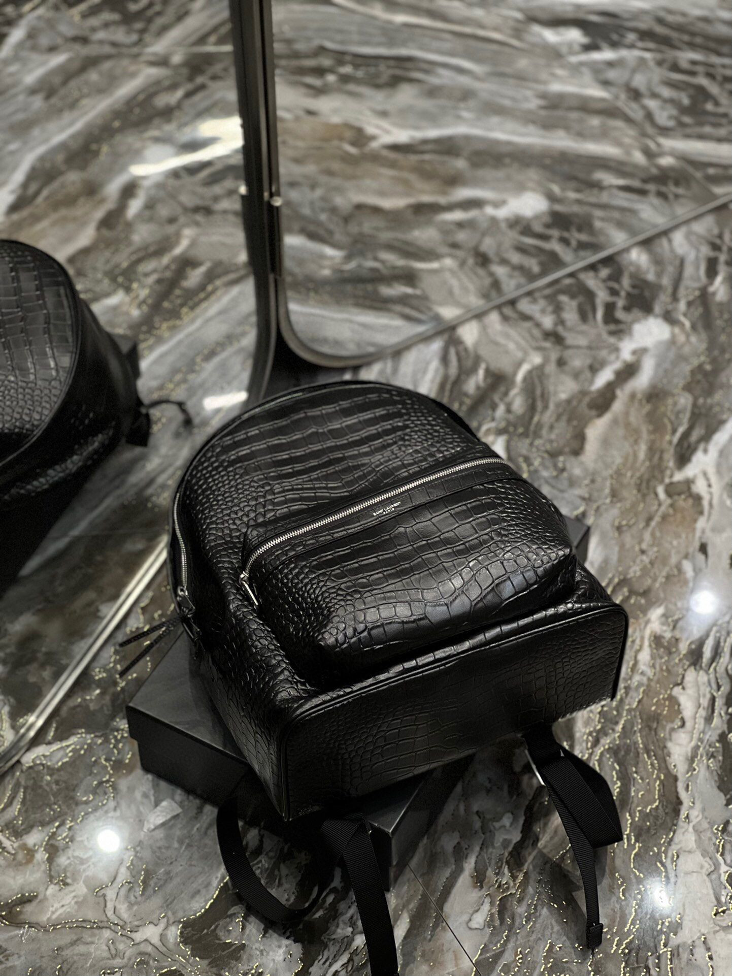 Y*L city backpack in crocodile-embossed leather 12.2 x 16.1 x 8.6 inches