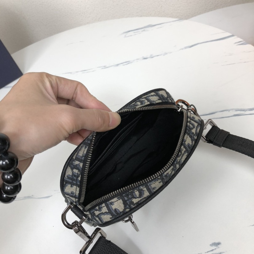 D*or mini safari bag with strap beige and black D*or oblique jacquard 6.5 x 5 x 1.5 inches