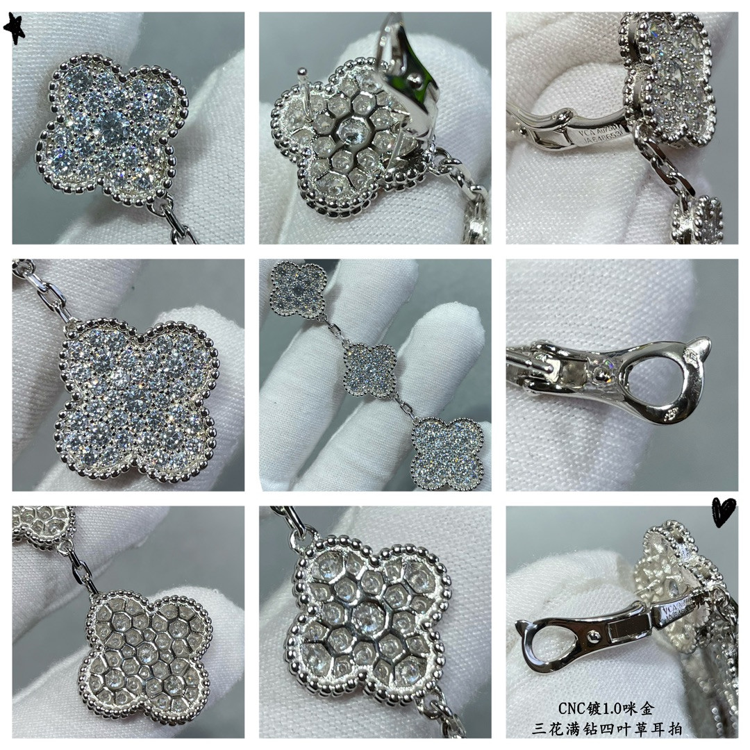 v*n cl*f & arpels full Di*m*nd three flower four leaf clover earrings