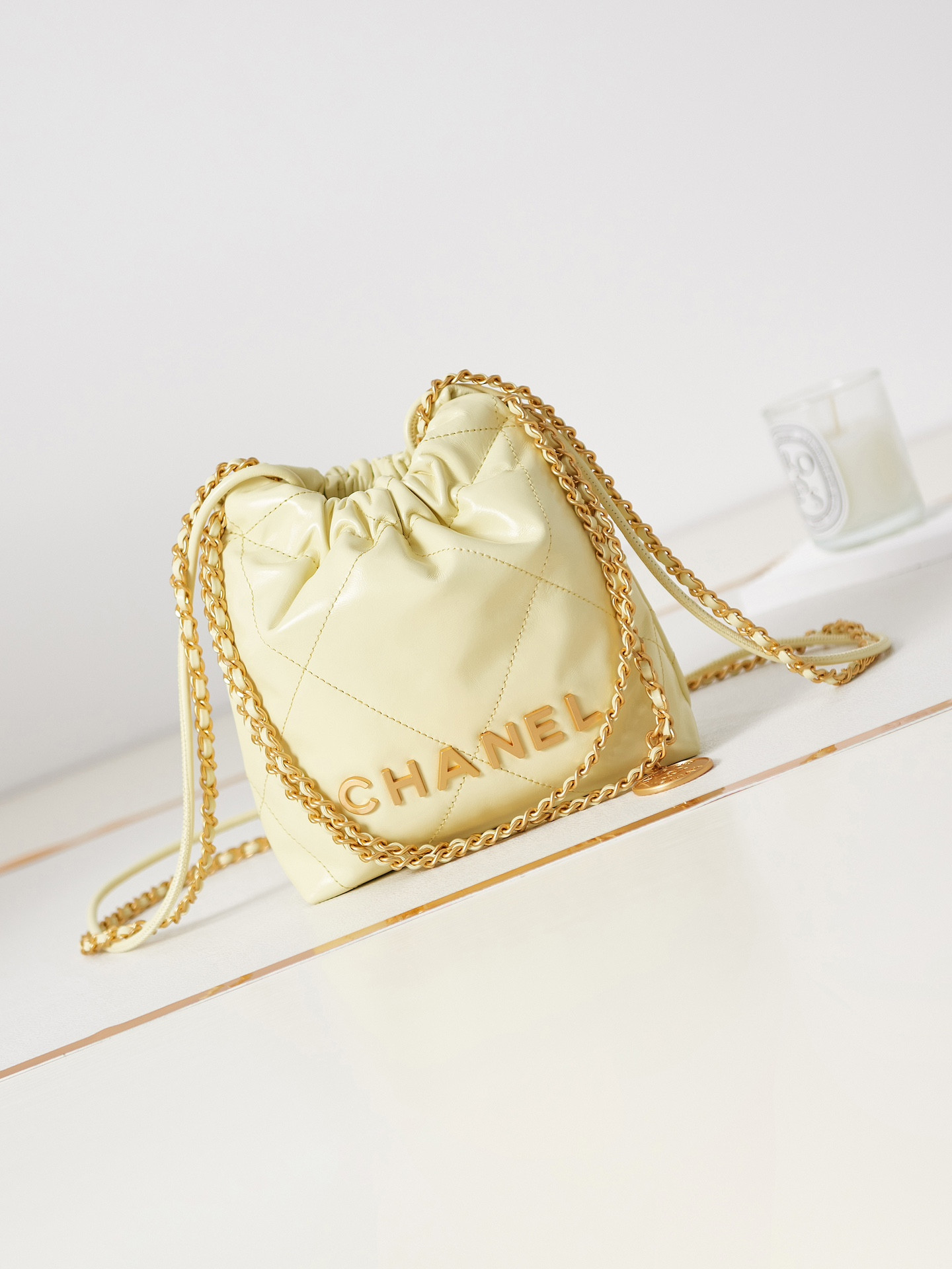 Ch*el 22 mini handbag shiny calfskin yellow 7.8 × 7.4 × 2.3 in