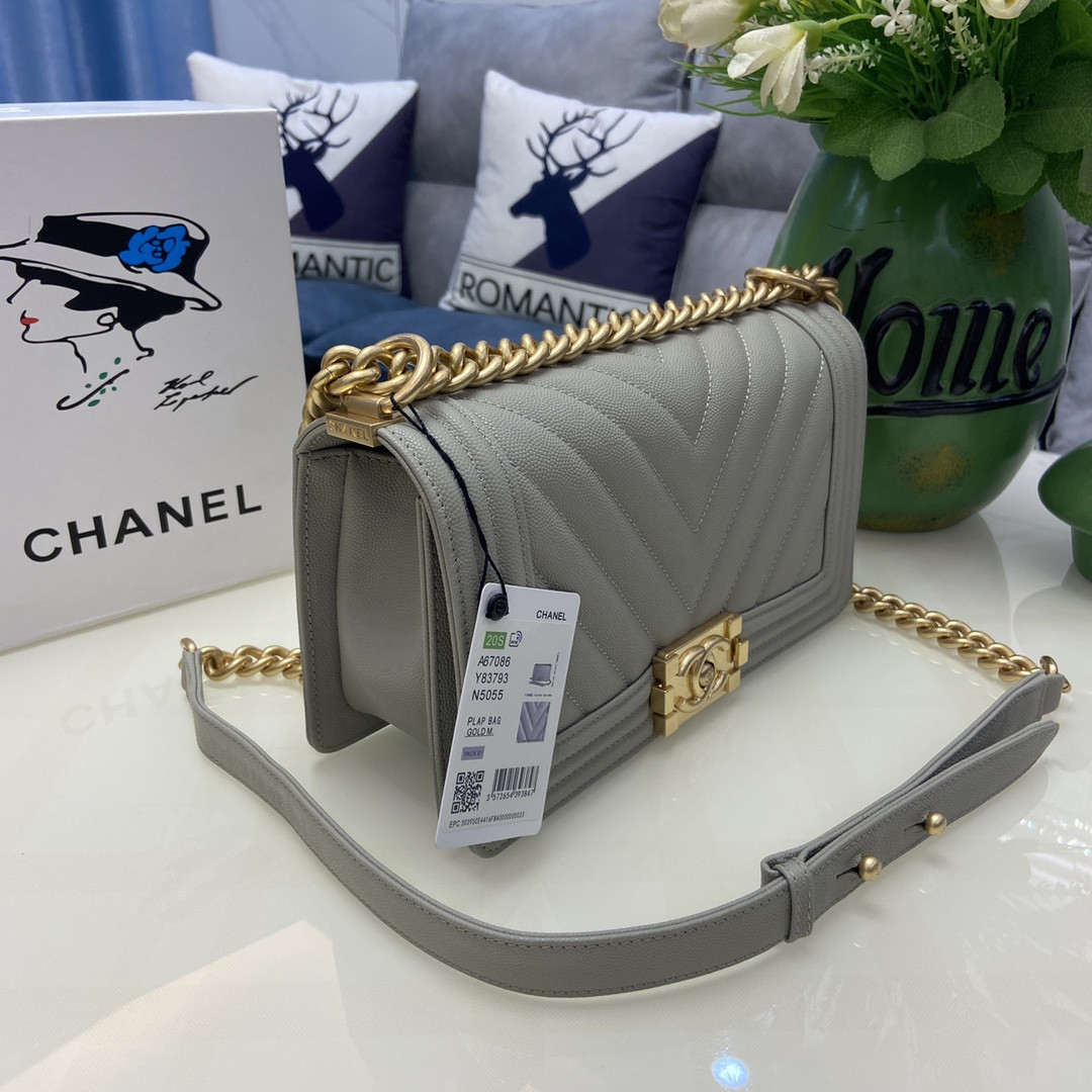 boy Ch*el handbag shiny grained calfskin & gold-tone metal gray 5.9 × 9.8 × 3.5 in
