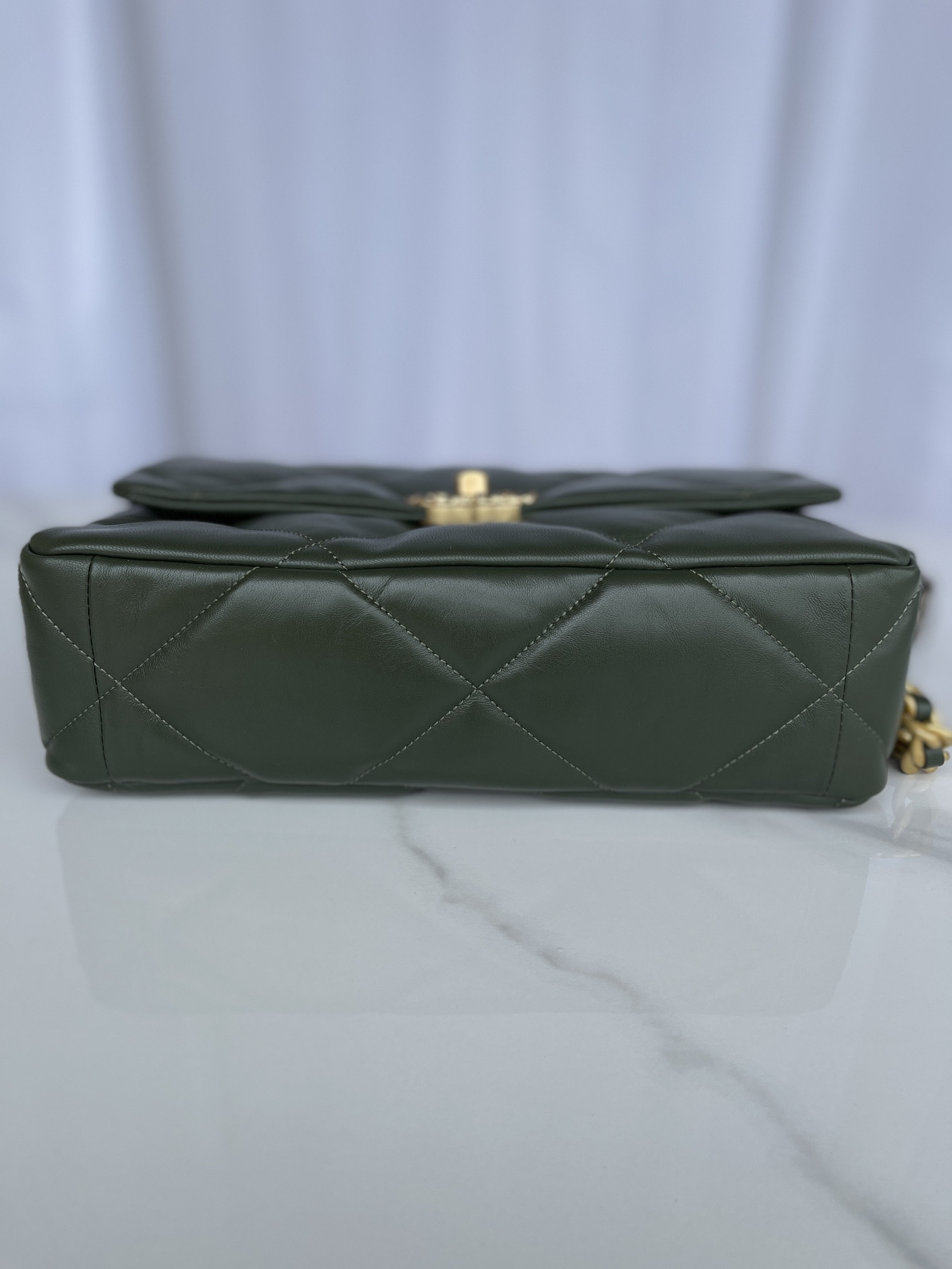 Ch*el 19 large handbag shiny leather, gold-tone, silver-tone & ruthenium-finish metal dark green 7.8 × 11.7 × 3.9 in