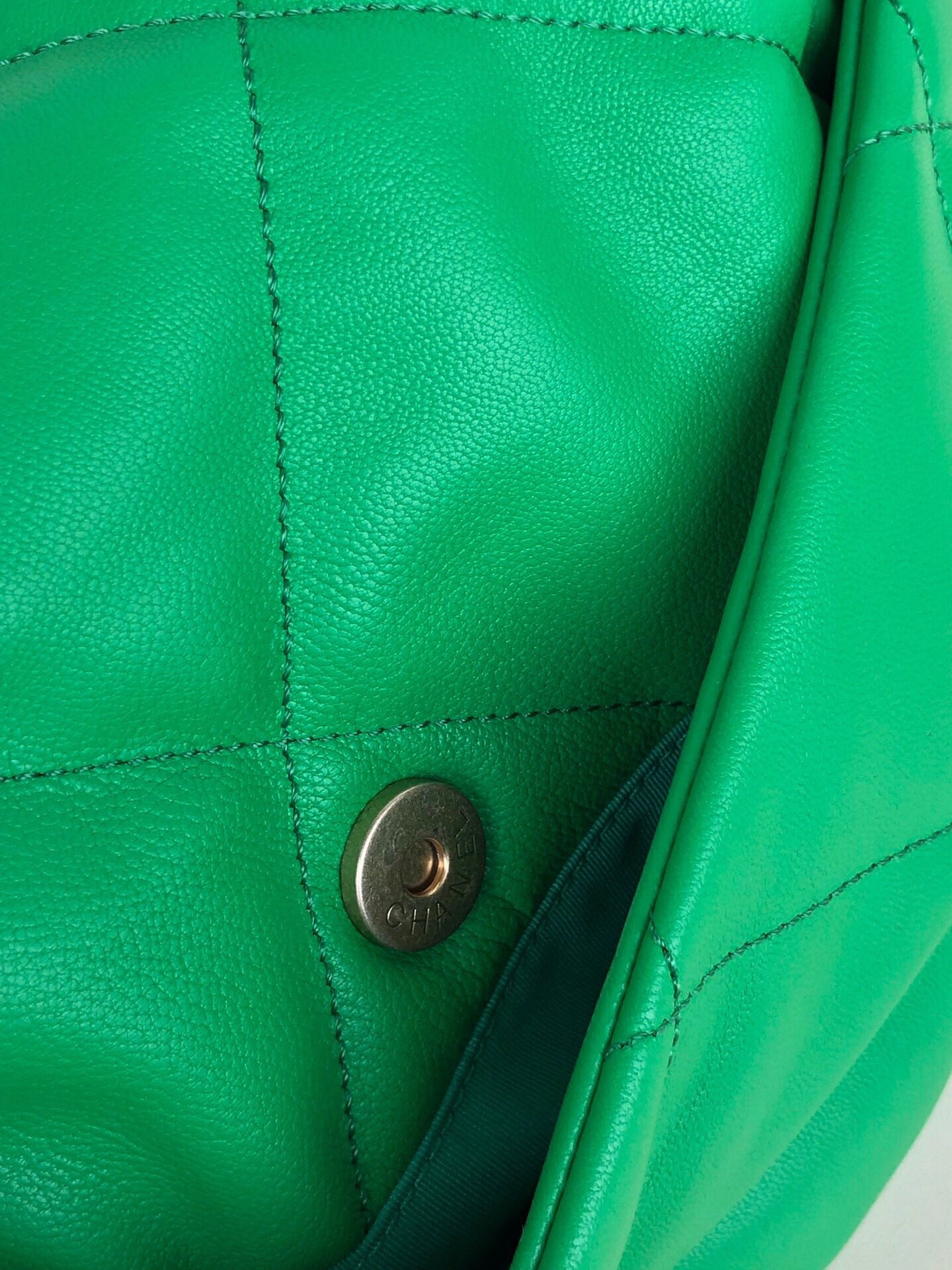Ch*el 19 large handbag shiny leather, gold-tone, silver-tone & ruthenium-finish metal green 7.8 × 11.7 × 3.9 in