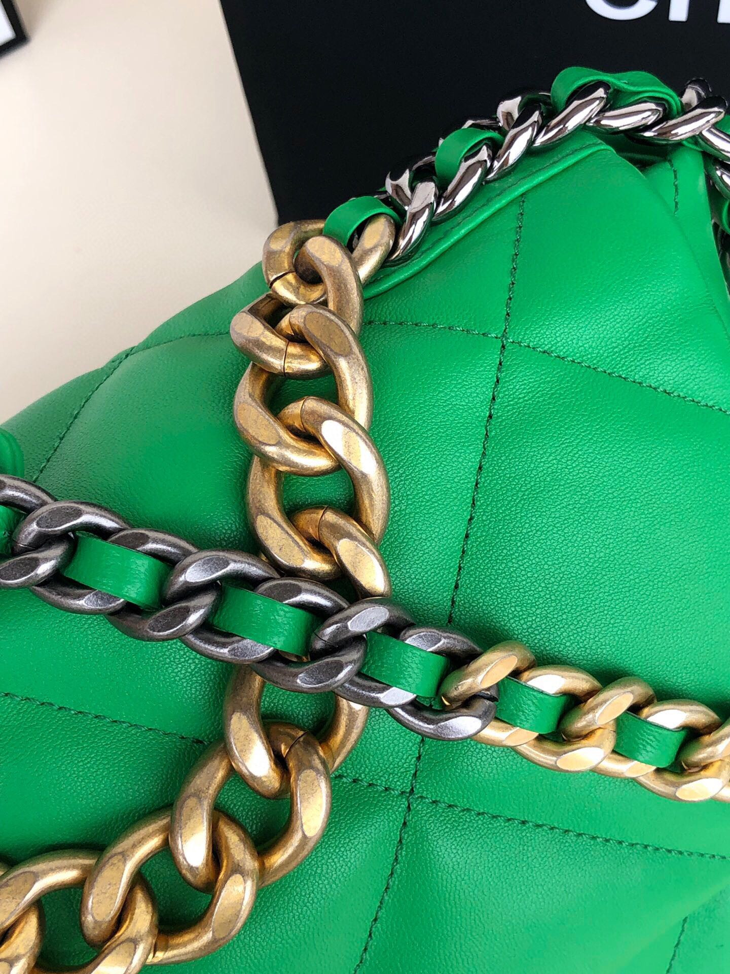 Ch*el 19 large handbag shiny leather, gold-tone, silver-tone & ruthenium-finish metal green 7.8 × 11.7 × 3.9 in