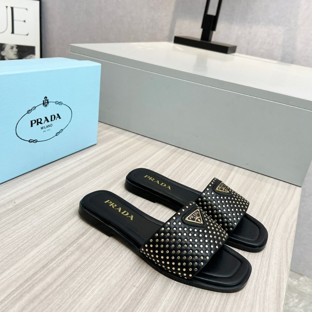 Pra*a Nappa Leather Slides With Studs Black 1Xx760 Zhp F0002 F 010