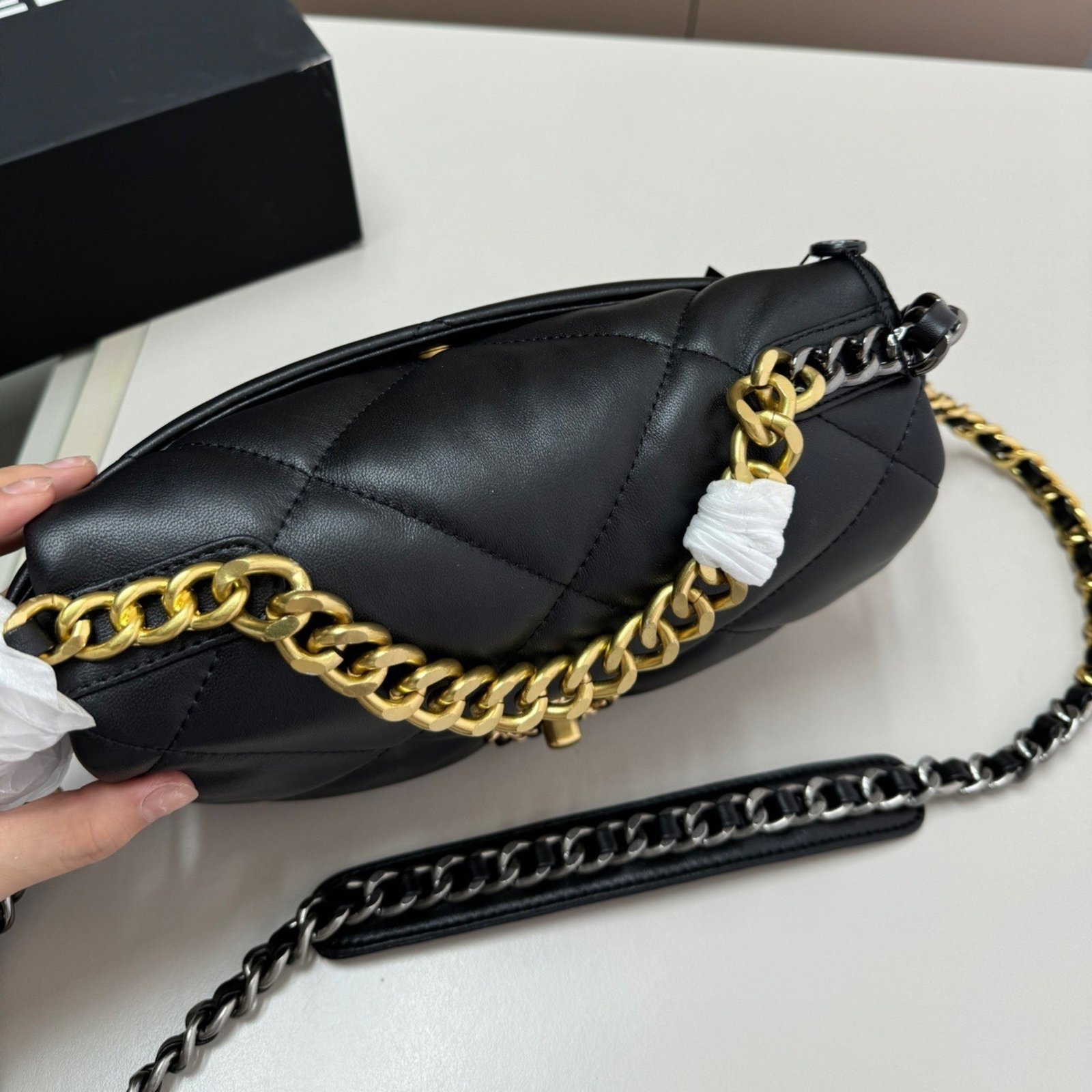 Ch**el 19 Handbag Shiny Gold And Silver Tone Black 26Cm AS1160 B04852 94305