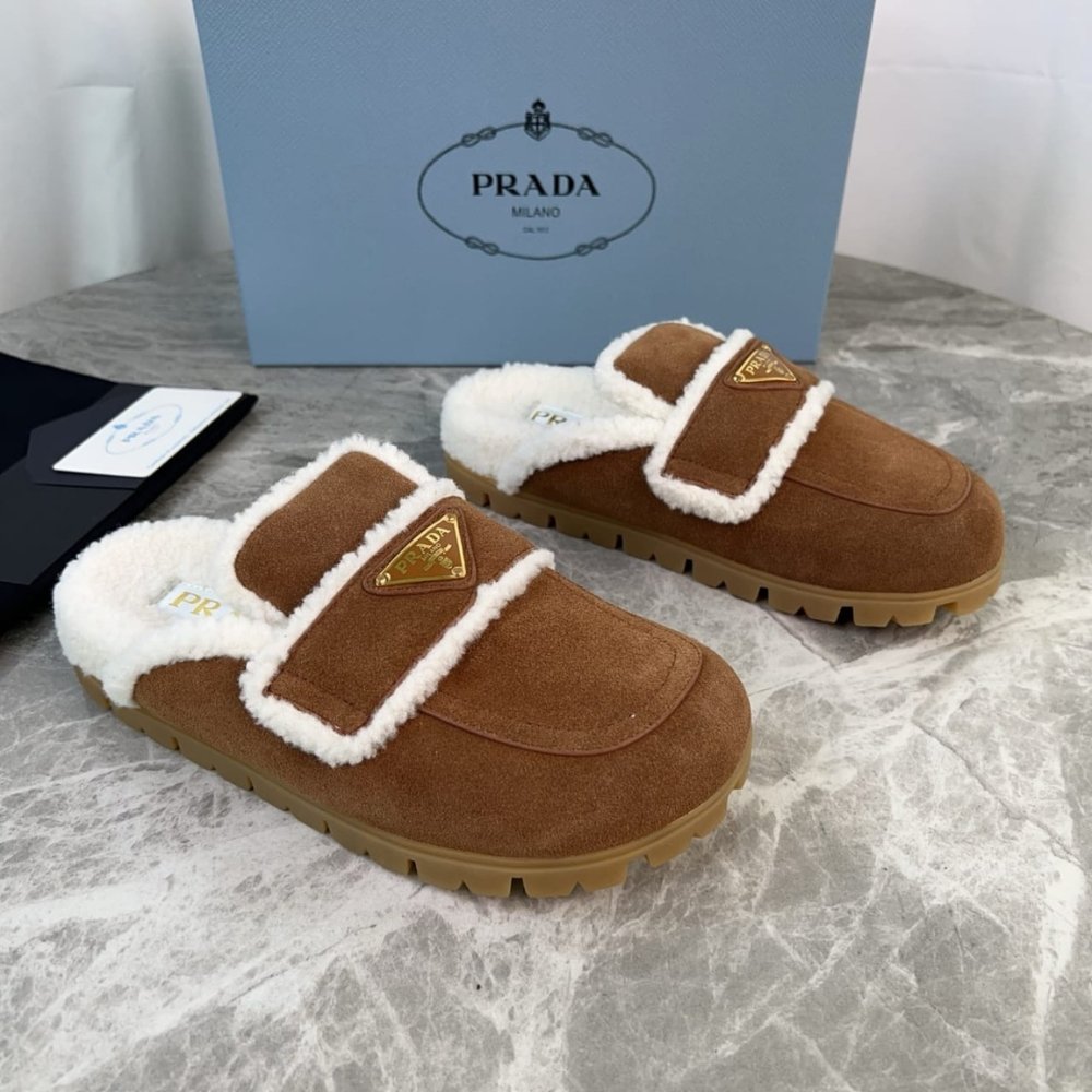 Pra*a Suede And Shearling Slippers Cinnamon 1S711M X0O F0401 F Zg20