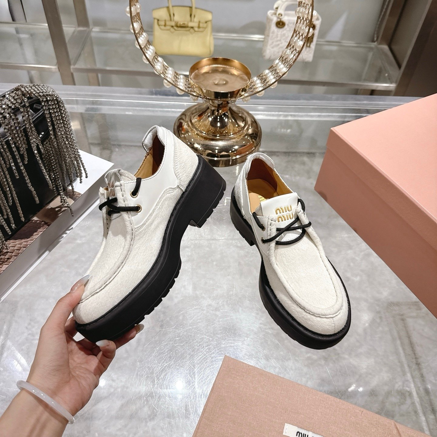 M1um1u Leather And Calf Hair Leather Laced Shoes Ivory 5E964D 2Hio F0304 F D055