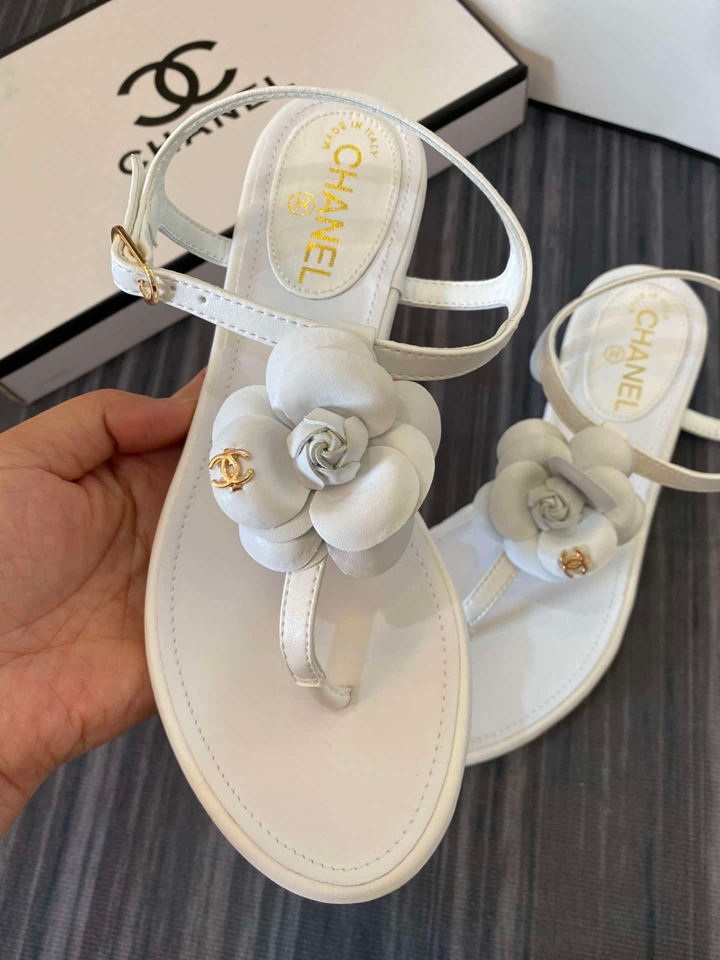 Ch**el Jelly Rubber Camellia Sandals White