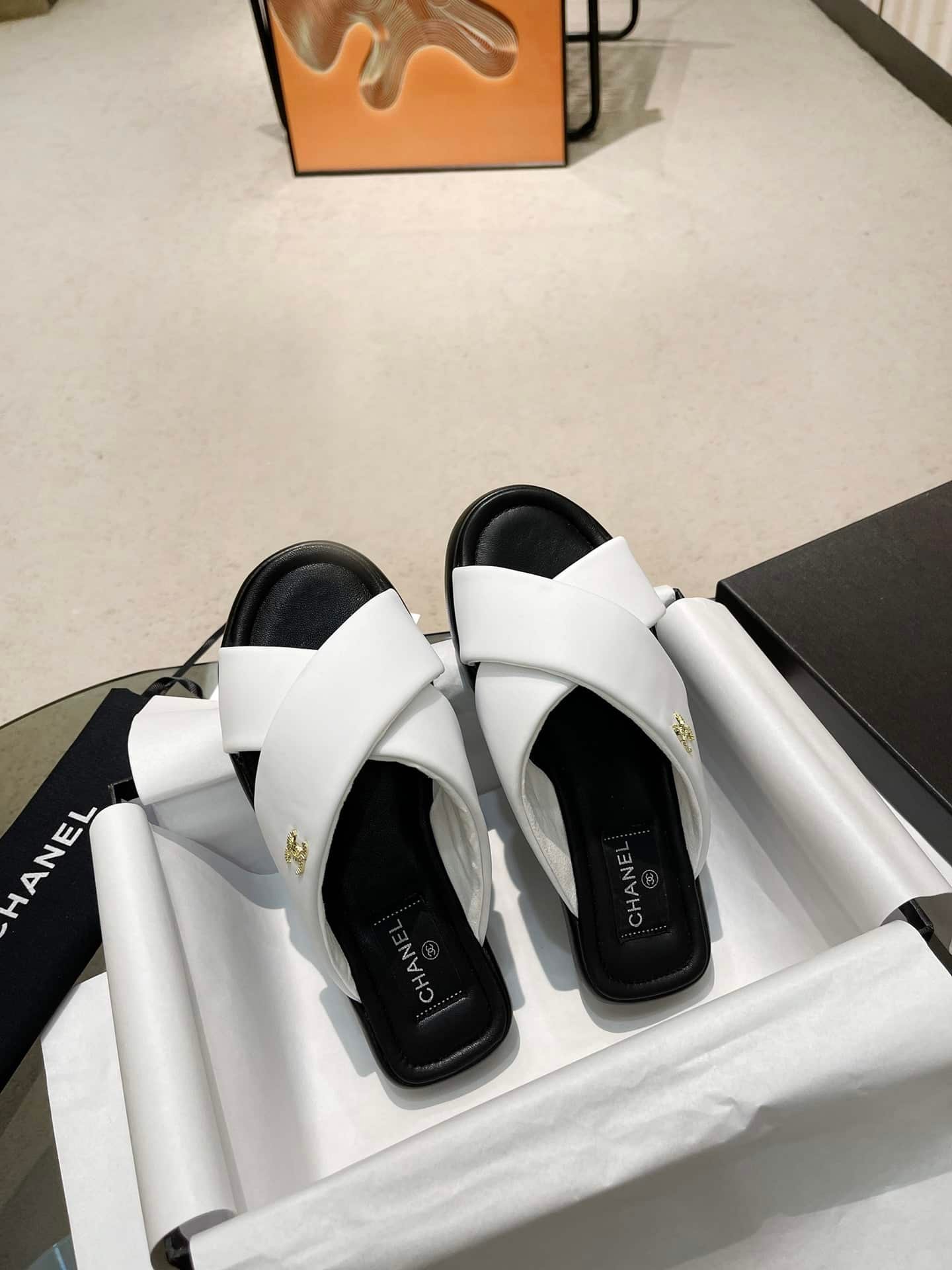 Ch**el Cc Logo Criss Cross Slides White
