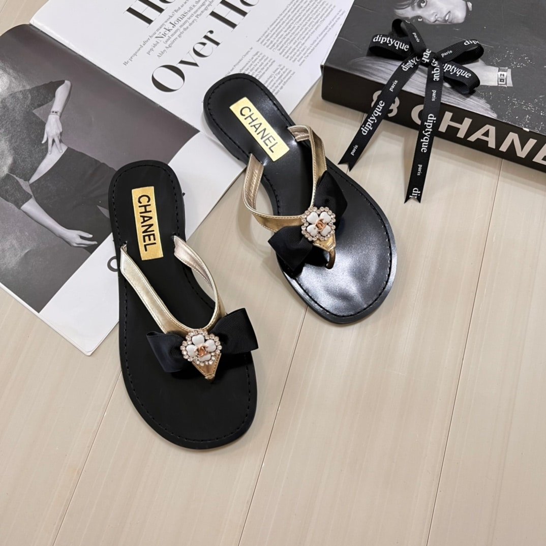 Ch**el Thong Slide White Camellia Cc Logo Bow Black