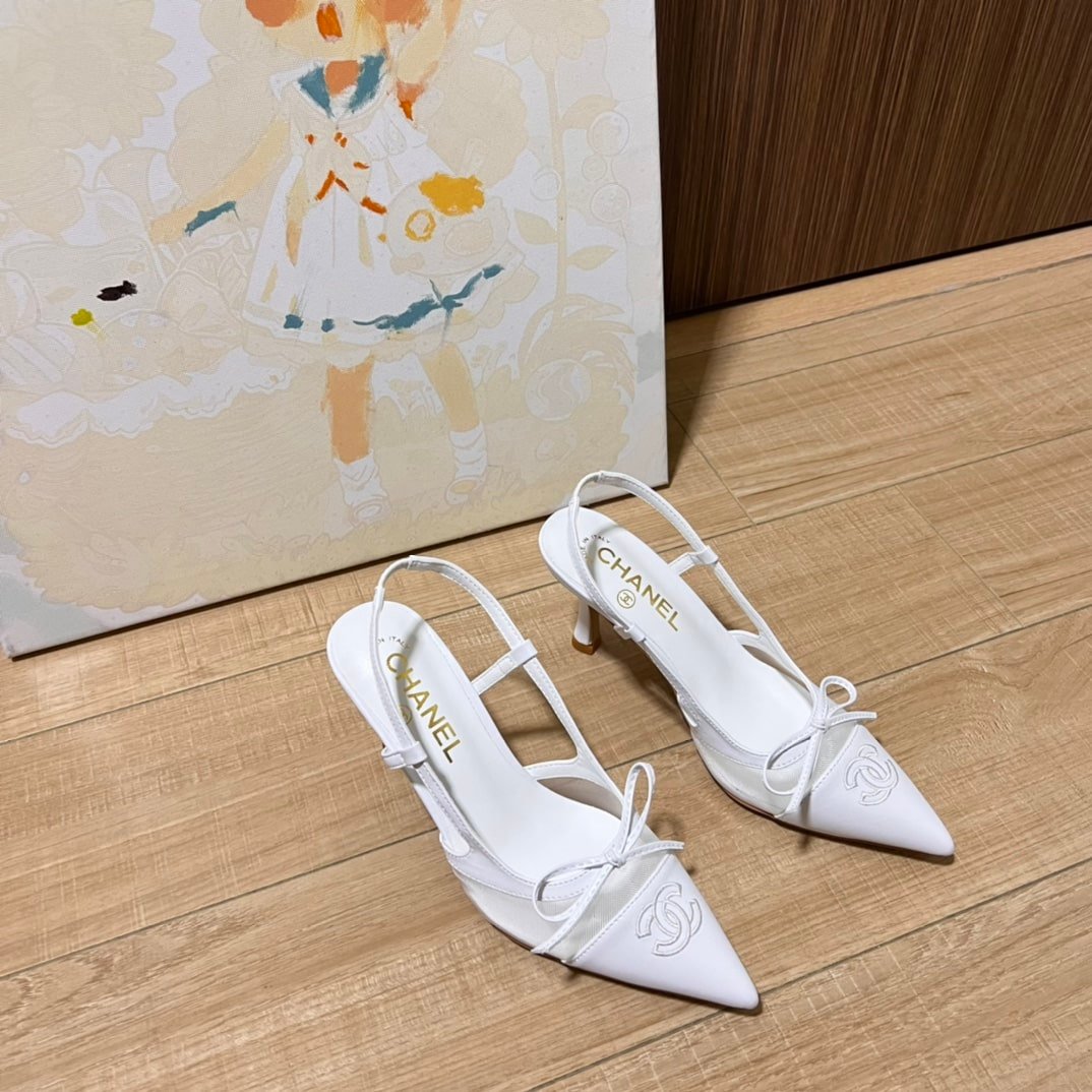 Ch**el Cc Leather Pointy Toe Pumps Slingbacks Sandals White