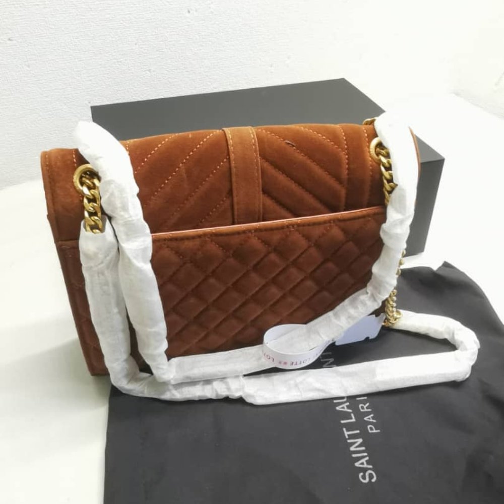 Sa1nt Lau*nt Envelope Medium Matelassé Suede Shoulder Bag Brown 24Cm