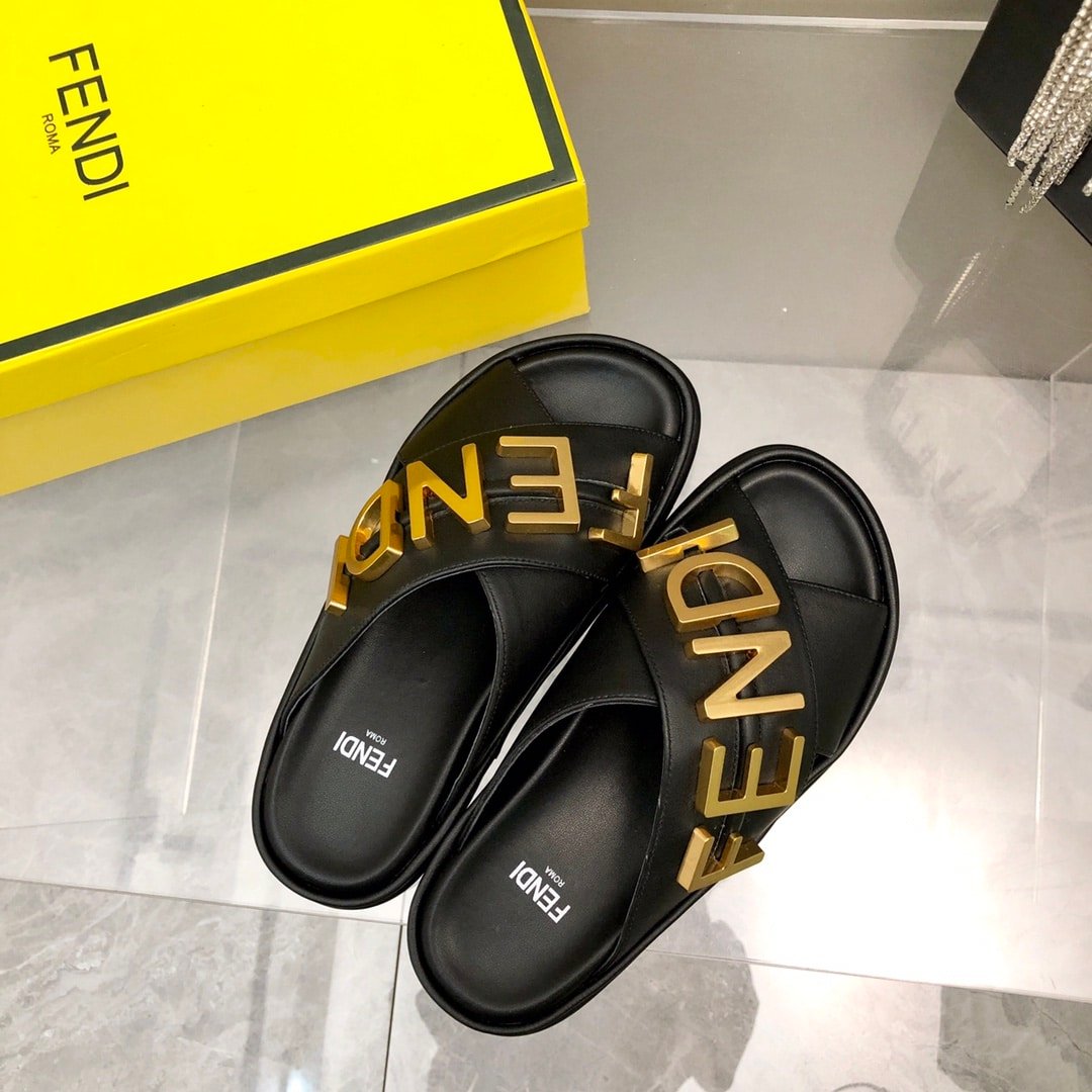 F**di F**digraphy Leather Slides Black 8X8289Ai1Rf1H1K