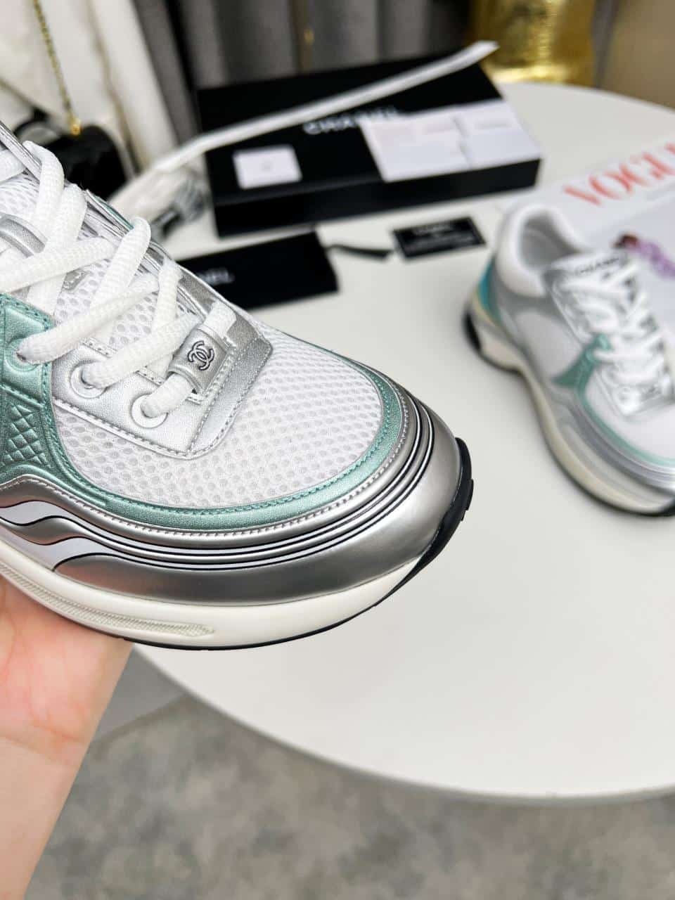 Ch**el 23C Silver Metallic Cc Logo Lace Up Flat Runner Trainer Sneaker White Turquoise
