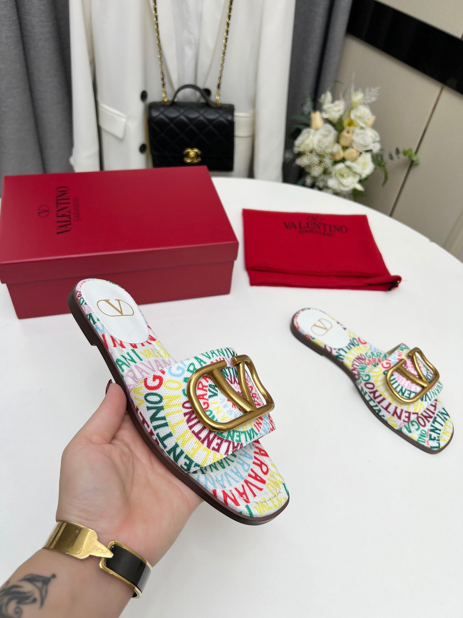 Va1e*ntin0 Garavani Escape Slide Sandal In Canvas With Va1e*ntin0 Loop Print Ws0Bd5Ful Qd7