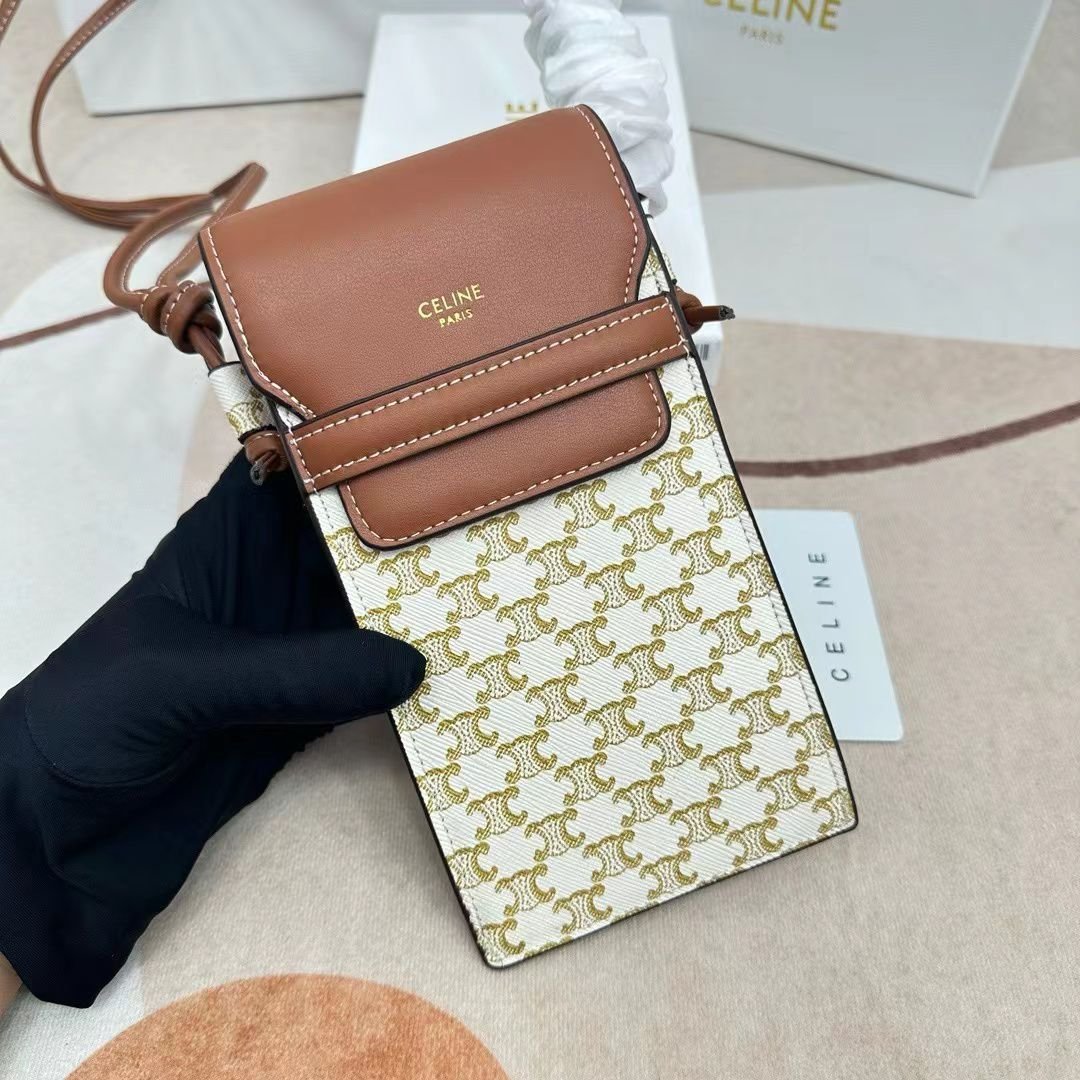 Ce1i*e Women Phone Pouch With Flap In Triomphe Canvas And Beige
