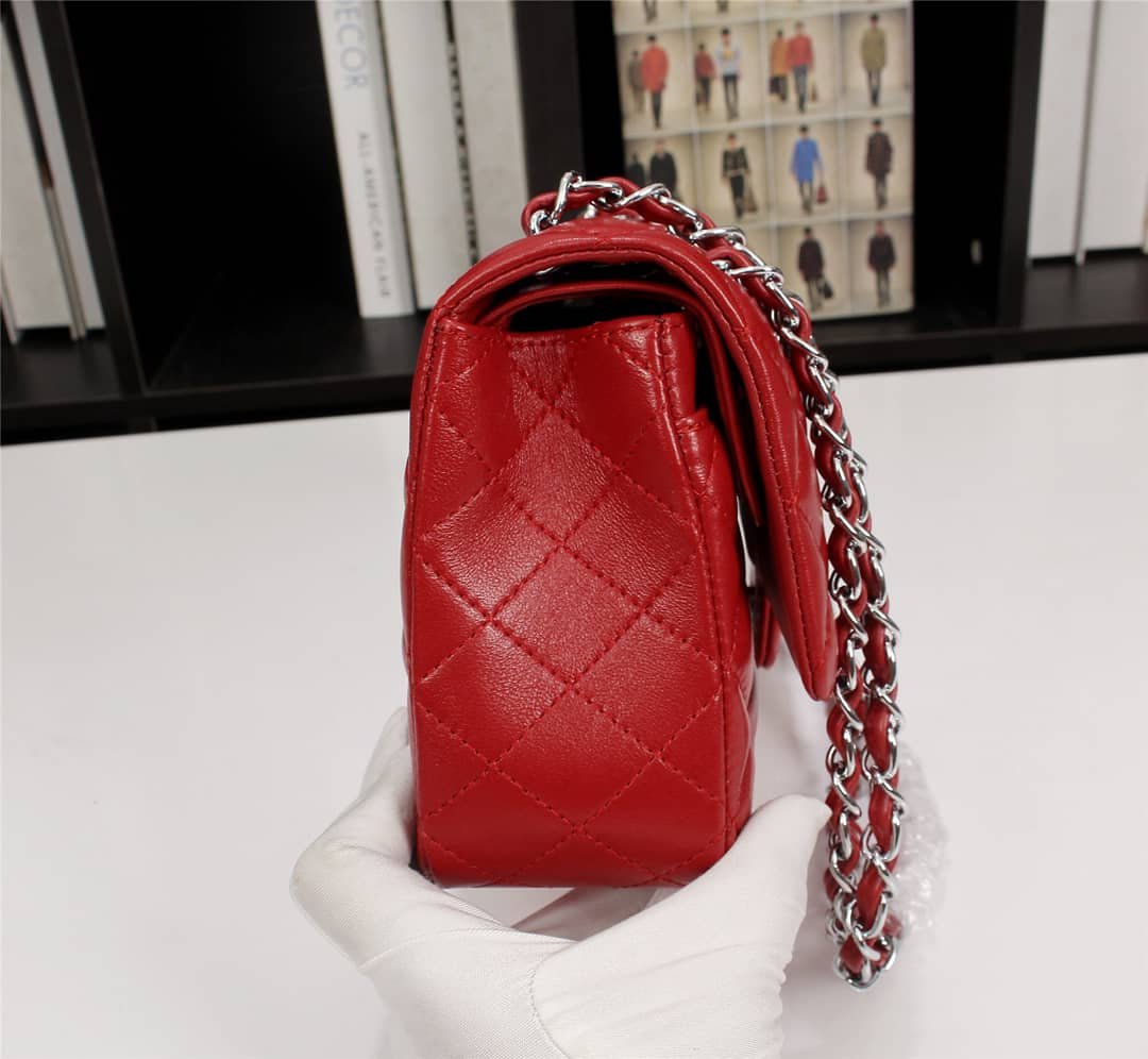 Ch**el Medium Classic Double Flap Red Silver Hardware 25.5Cm