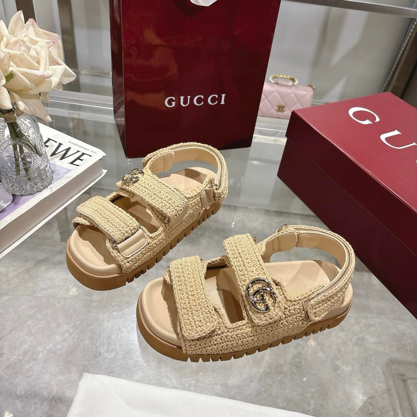 Gvc*1 Women Sandal With Double G Beige Crochet 835086 Faeq2 9552
