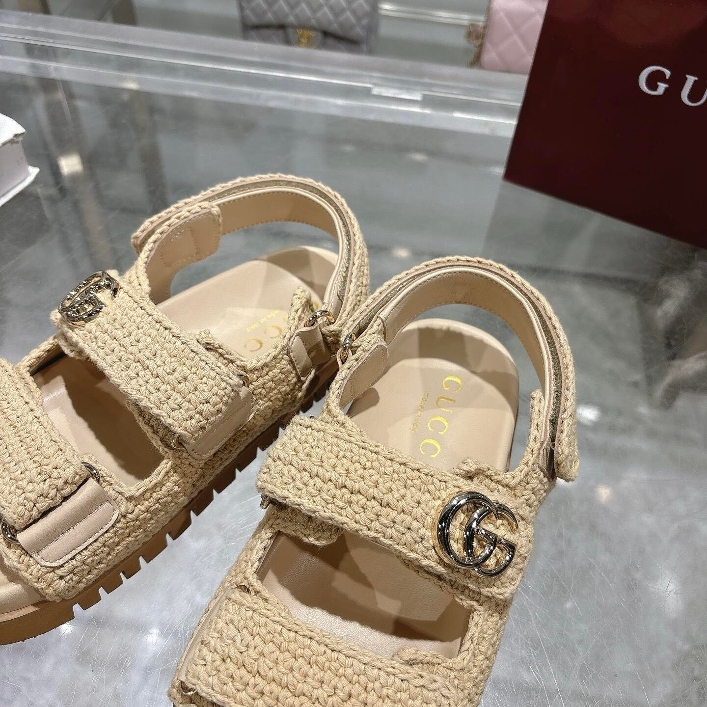 Gvc*1 Women Sandal With Double G Beige Crochet 835086 Faeq2 9552