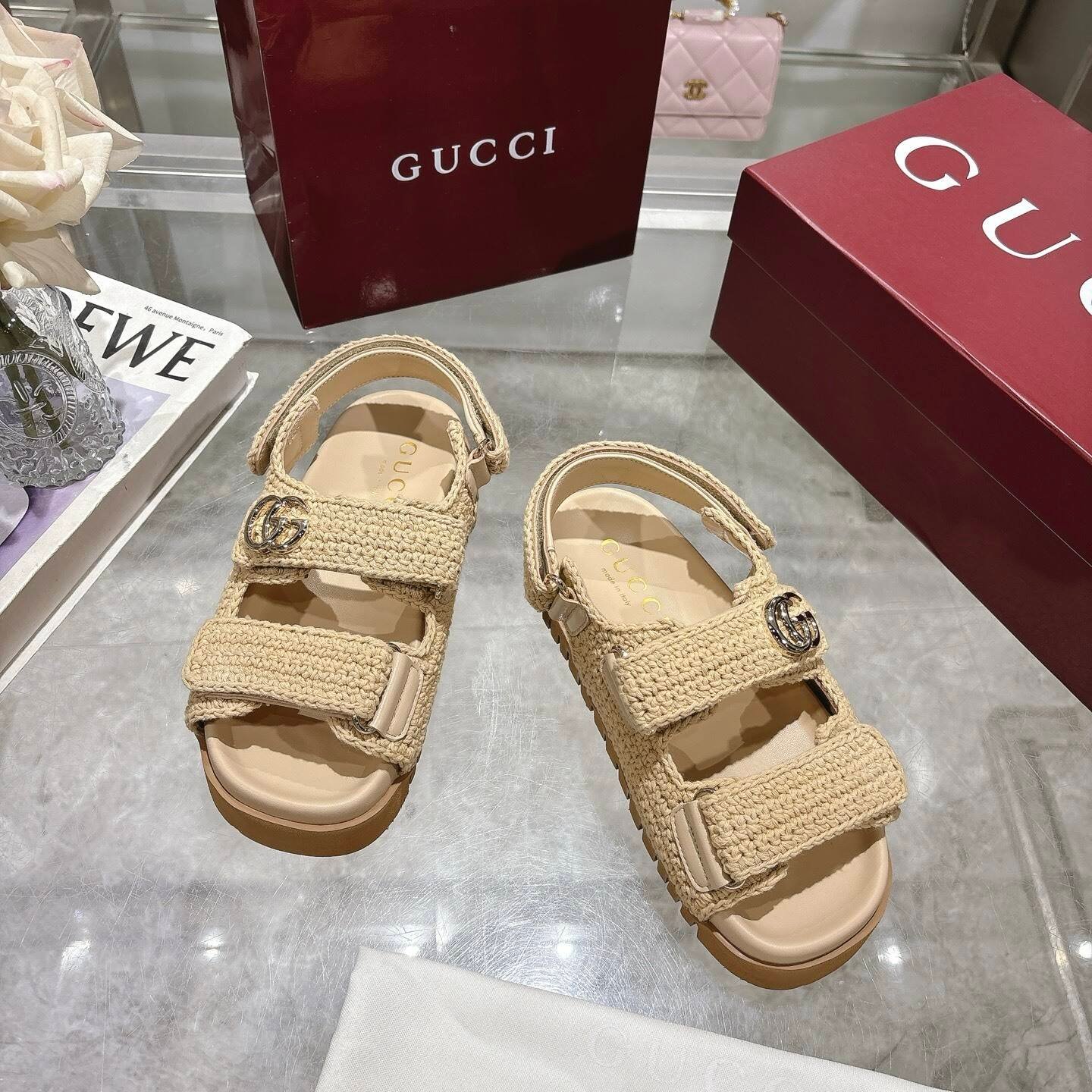 Gvc*1 Women Sandal With Double G Beige Crochet 835086 Faeq2 9552