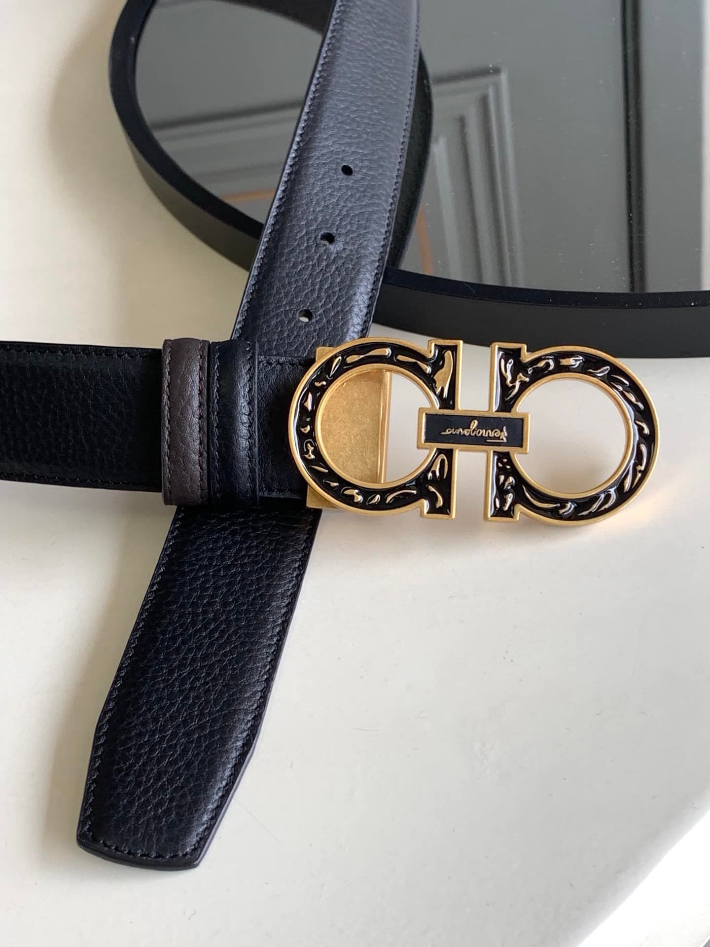Salvatore Ferragamo Reversible And Gancini Gold Pattern Belt 3.5Cm