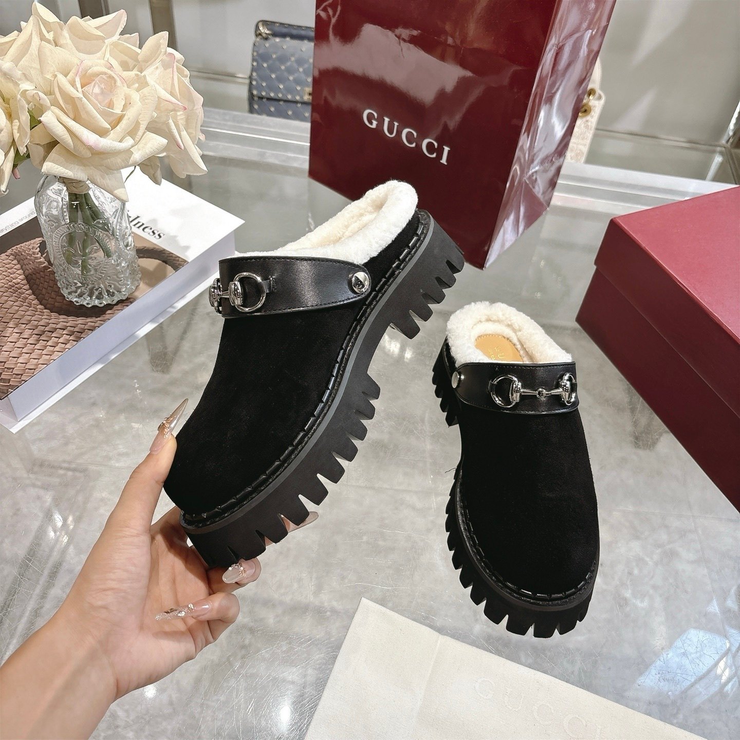Gvc*1 Horsebit Shearling Mules In Black Suede