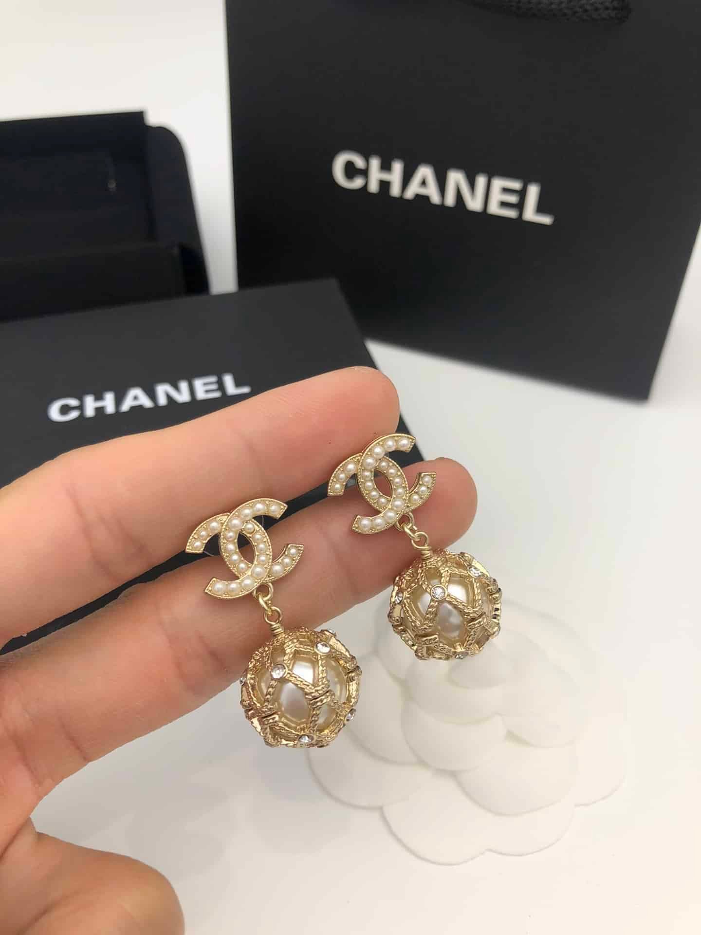 Ch**el Gold Caged Pearl Earrings