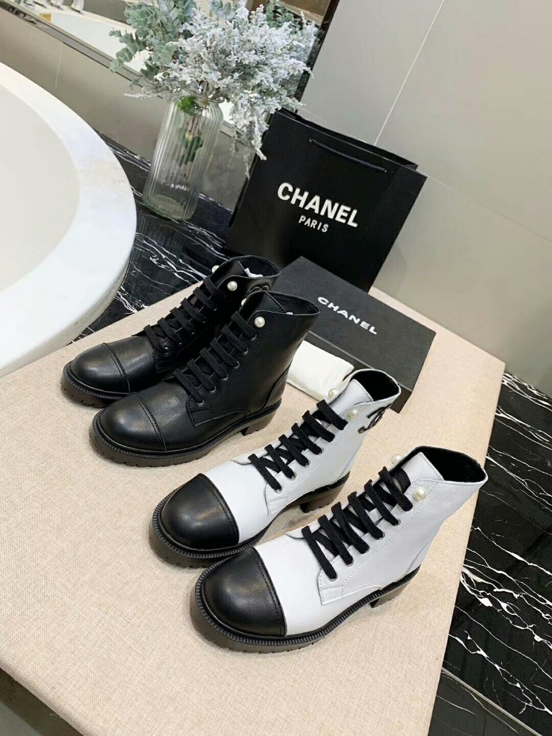 Ch**el White Pearl Logo Cc Combat Lace Up Tie Ankle Boots G36209